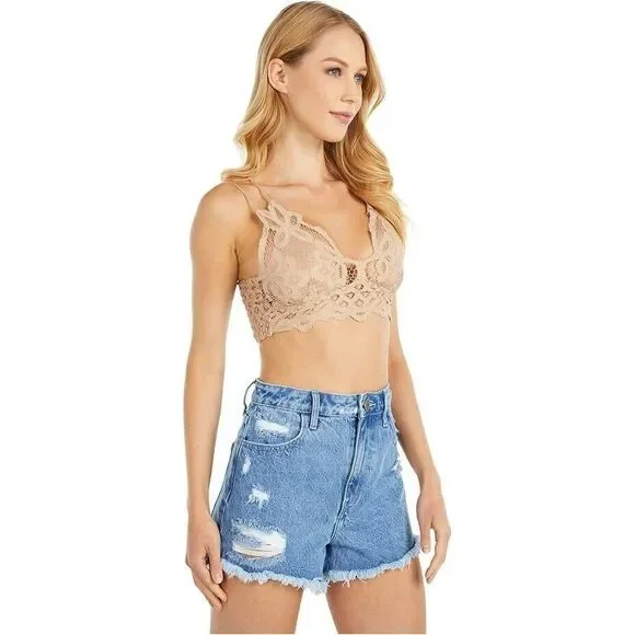 Free People Adella Bra Women Small Beige Lace Smocked Cross Back Bralette ERK808 - Picture 5 of 10